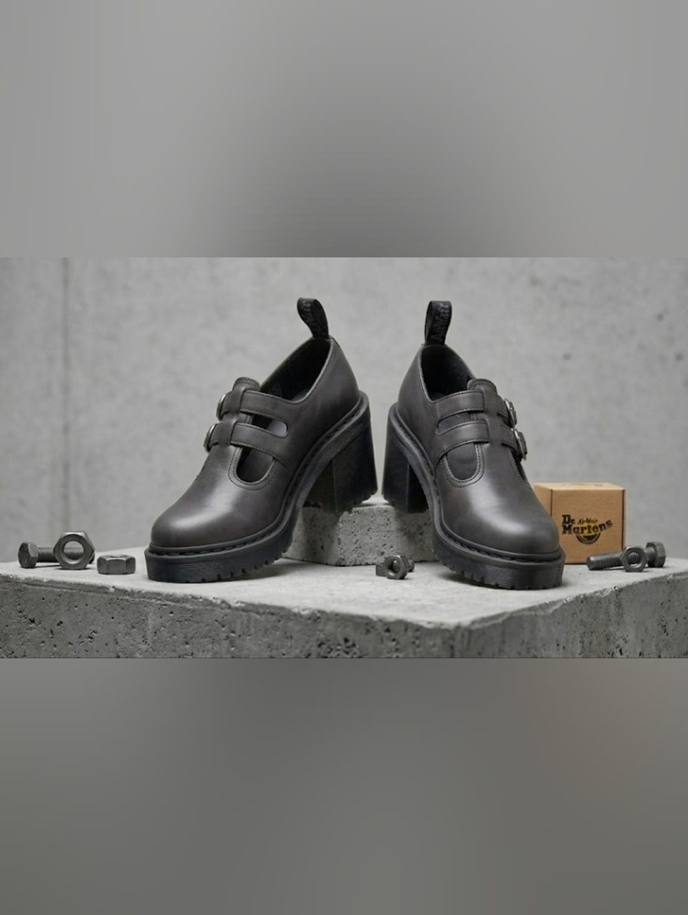 Dr. Martens 8065 Double Strap Heeled Mary Janes - Dark Grey Leather Size 9 - Picture 2 of 16